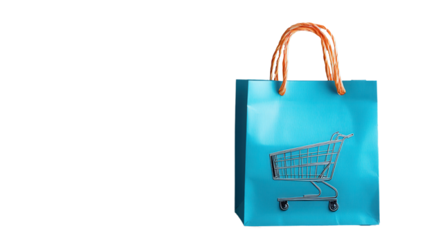shopping bag with a image of a shopping cart, blue, isolated, transparent, png, background, cutout - Powered by Adobe