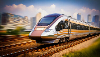 Naklejka premium High-speed train speeding through modern cityscape at sunset. Dynamic motion blur captures sleek design rapid transit. Ideal for travel, transportation, technology, and speed concepts.