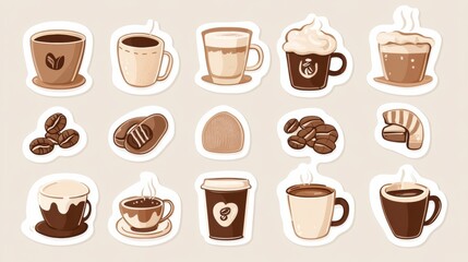 stickers featuring various coffee cups, coffee beans, and treats for coffee lovers. Generative AI