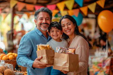 Happy family buying local products at farmers market