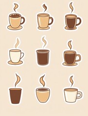 Obraz premium Delightful style stickers showcasing various coffee cups and beans with warm steam accents. Generative AI