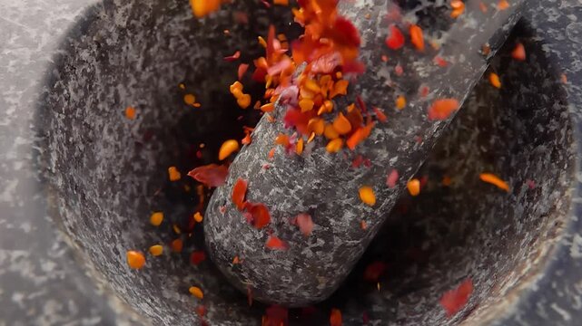 Close-up of the red hot chilli peppers falling into the stone mortar in slow motion. High quality 4k footage