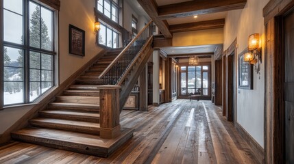 Rustic Mountain Home Interior: Grand Staircase and Hallway