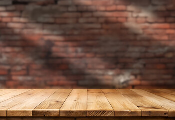 Rustic Wooden Tabletop: A weathered wooden tabletop with rich grain and a rustic charm, placed against a blurred backdrop of a vintage brick wall bathed in soft, warm sunlight.Old wooden table with em