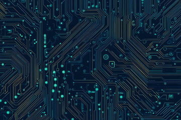 Abstract close-up of a glowing blue digital circuit board, showcasing intricate connections and technological design on a black background.
