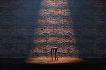 Empty stand-up stage with a microphone and bricks on background.