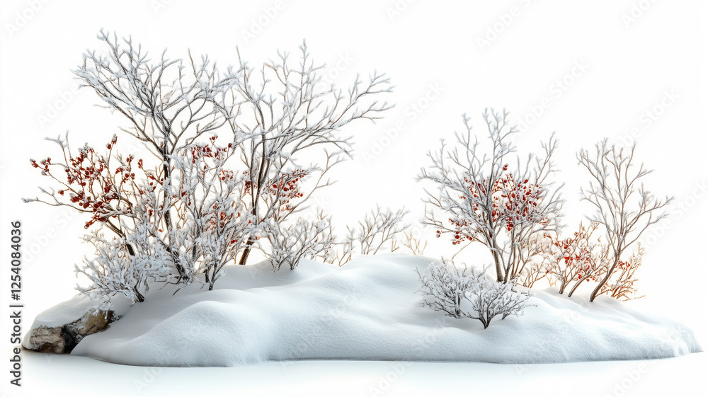 Aufkleber a snowy landscape with a few trees and a rock. the snow is covering the ground and the trees are bar