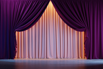 Theater stage with purple and pink curtains. Background for concert, theater, party, dance template. 