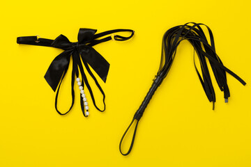 Set of erotic BDSM accessories on color background, top view
