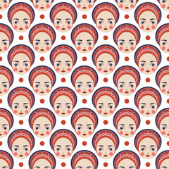 Beautiful Doll Face Close Up pattern. Matryoshka Doll with Open Eyes and white lashes. Pretty Eyes, Lush Eyelashes and Red lips. Female face. Color Cartoon style. Vector.