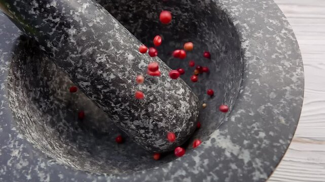 Super close-up of spicy rose peppercorns falling into the grey stone mortar in slow motion. High quality 4k footage
