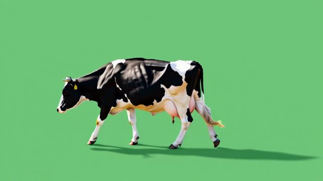  3D Holstein Friesian walking loop animations of realistic with cycle view on chroma key, 4k wild cow, cattle walk rendering on the green screen, domesticated breed of ox, kept to produce milk or beef