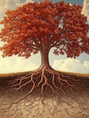 A digitally styled tree and roots illustration featuring nodes and leaves