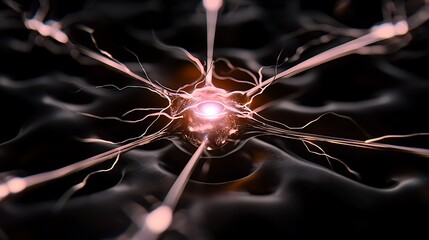 Close-up of a neuron with glowing synapses in a dark, abstract environment, showcasing neural activity