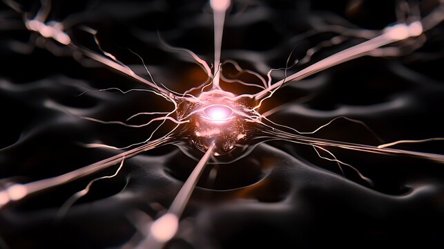 Close-up of a neuron with glowing synapses in a dark, abstract environment, showcasing neural activity