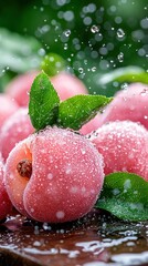   A detailed image of various fruits displayed on a table, with water drops dripping from above and surrounding foliage beneath