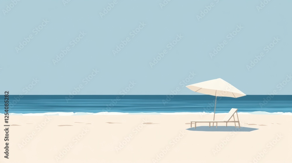 Aufkleber Relaxing beach getaway with a lounge chair and shade under a clear sky by calm ocean waves. Generative AI