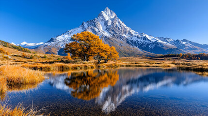 Obraz premium Autumnal mountain lake reflection, scenic vista, peaceful landscape, travel photography