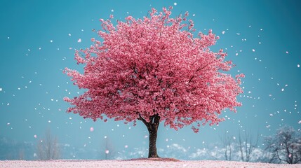 A vibrant pink cherry blossom tree against a blue sky, with petals gently falling.