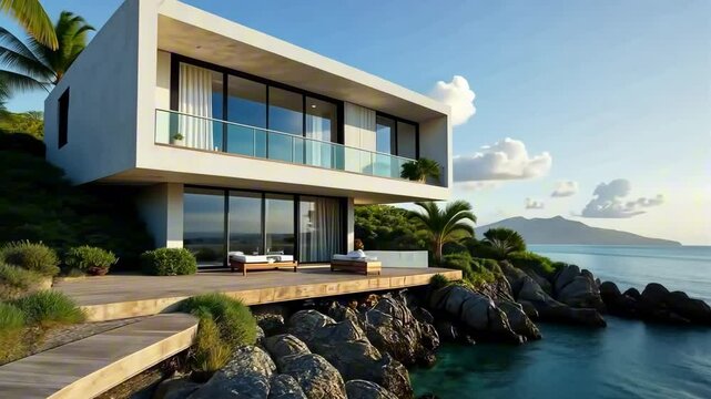 Smooth movement around a modern two-storey building with panoramic windows that stand on the shore, open balconies and seating areas standing on the seashore surrounded by palm trees, the sea and clou