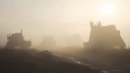 Obraz premium Echoes of war: a cinematic scene of a desolate battlefield with ancient war machines in foggy light. Ancient War Machines. Illustration