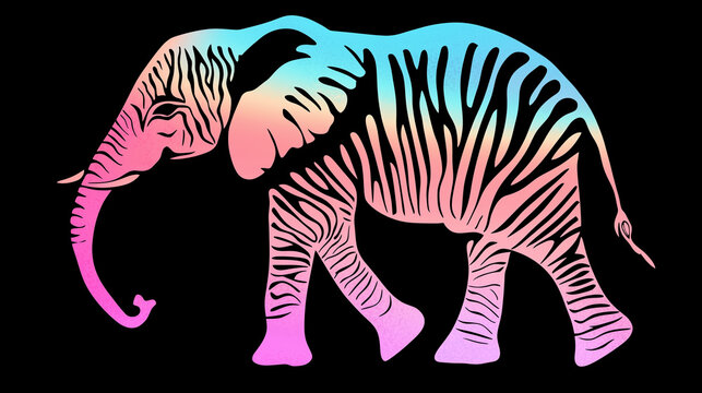 Colorful neon elephant silhouette with gradient zebra stripes on black background, artistic animal design