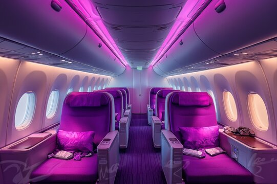 Luxurious air travel experience inside a modern aircraft interior design serene atmosphere aerial view comfort concept