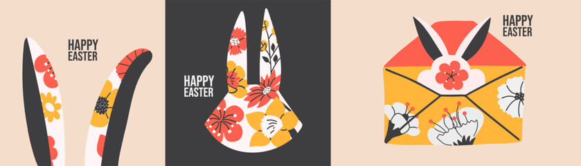 Set with Easter rabbit and abstract flowers. Happy Easter festive cards or posters. 