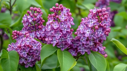 Fototapeta premium Close-Up of Vibrant Purple Lilac Blooms with Lush Green Leaves in Spring