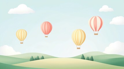 Hot air balloons gracefully drifting above a picturesque green field during a clear day. Generative AI
