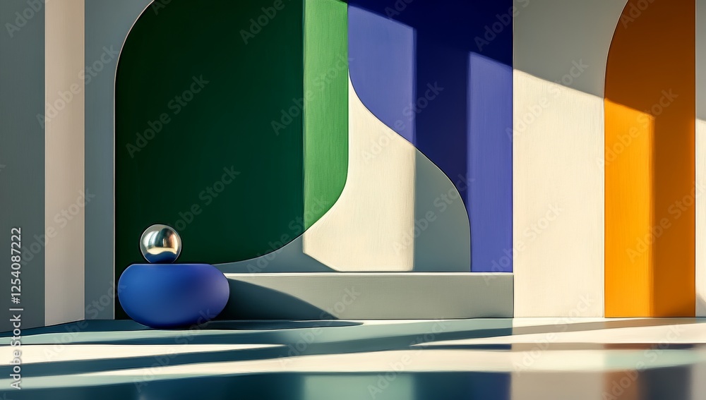 Fototapete 3D rendering of a floating sphere adorned with wave patterns against an abstract background