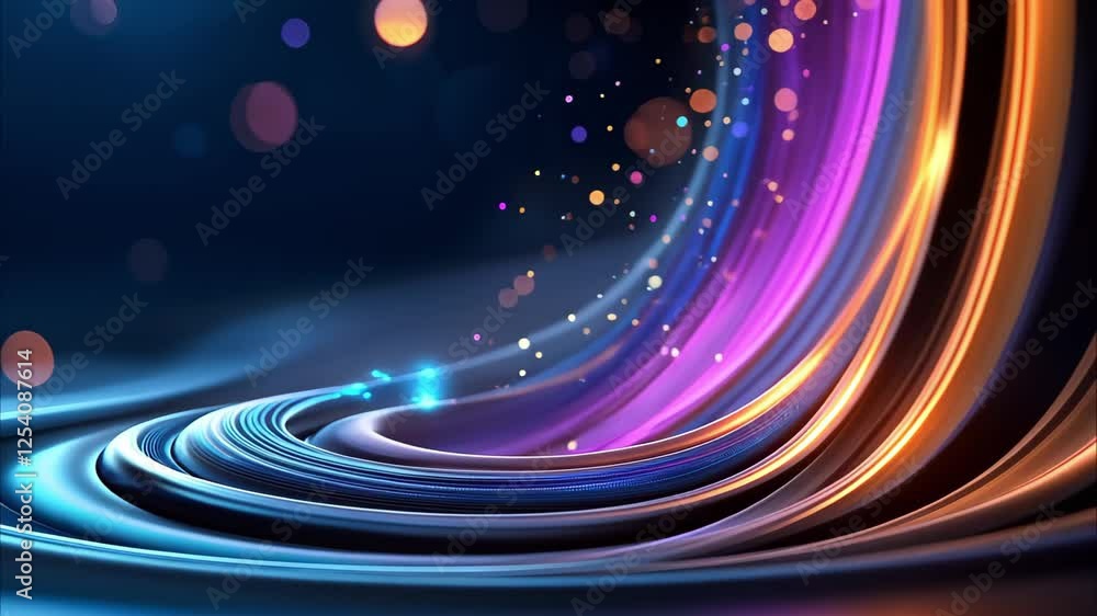 Poster a vibrant abstract design featuring swirling lines and colorful sparkles against a dark background.