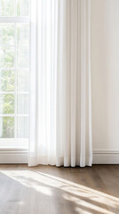 Fototapeta premium Elegant minimalist interior with white curtains and wooden floor design