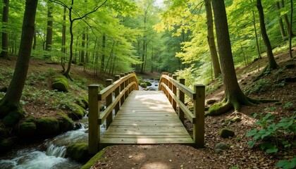 Obraz premium Wooden bridge over stream in lush forest, serene atmosphere, nature walk in green environment
