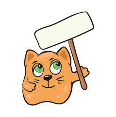 Funny cat with a Blank Sign in his paws. Cute fluffy animal holding placard. Vector illustration isolated on white background for lettering, t-shirt, sticker, label. Animal rights protection