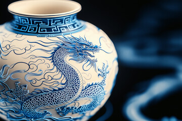 Dragon Porcelain Vase: A close-up of a delicate, hand-painted porcelain vase adorned with a majestic blue dragon design, a captivating blend of art and tradition.
