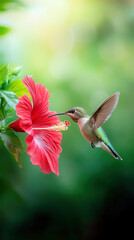 Fototapeta premium Elegant hummingbird feeding on red hibiscus in a vibrant garden setting
