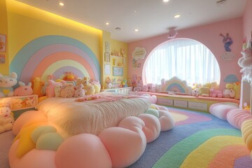 Vibrant rainbow-themed bedroom for kids home interior design cozy atmosphere eye-level view imagination and joy