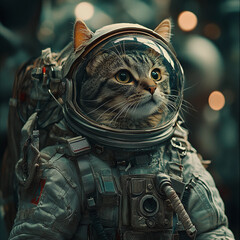 Cat in astronaut suit exploring outer space with a curious expression and futuristic background