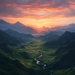 Twilight Tranquility: Serene Landscapes in a River Valley at Sunset