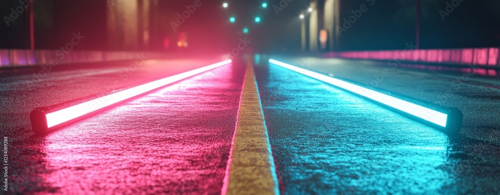 Poster dynamic abstract digital design with vibrant blue and red neon light trails, evoking a sense of move