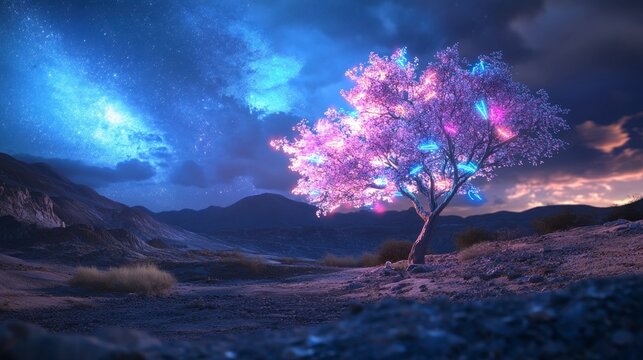 Neon Leafed Tree in Barren Landscape, vibrant neon foliage contrasts starkly against desolate terrain, evoking surreal beauty and resilience