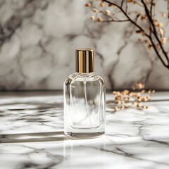 Clear glass perfume bottle on elegant marble surface with delicate plant accents