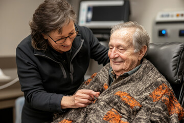 Caregiver and elderly man enjoy a heartwarming moment in senior care facility