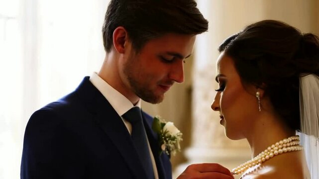 A tender moment as a groom adjusts the clasp on the bride&rsquo;s necklace, with pearls glinting softly against her collarbone in an intimate wedding scene.