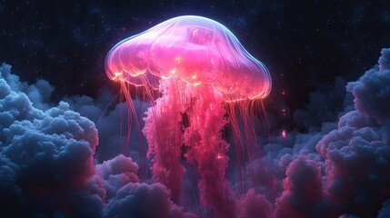 A surreal high-resolution jellyfish floating in space and futuristic cityscapes