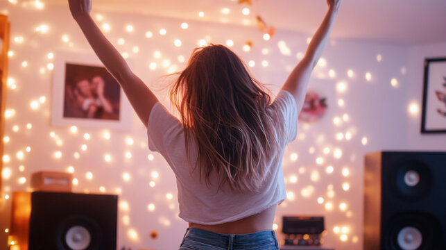Joyful woman celebrating single life dancing alone in festive room with lights