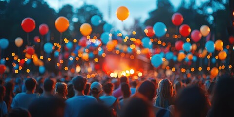 Joyful crowd celebrates festival with colorful balloons outdoor venue evening atmosphere vibrant viewpoint community spirit