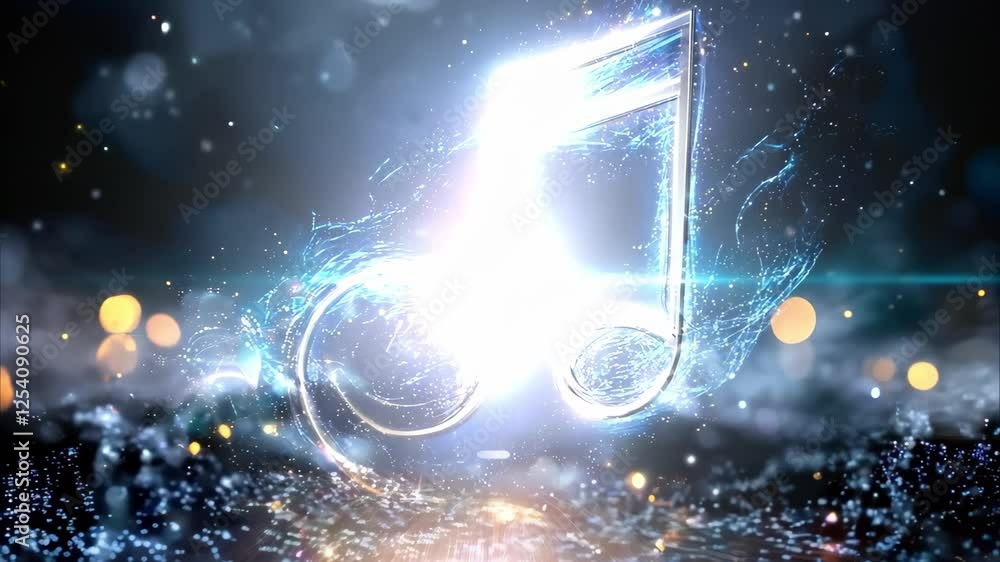 Poster a glowing music note surrounded by sparkling lights and swirling effects, creating a dynamic and vib
