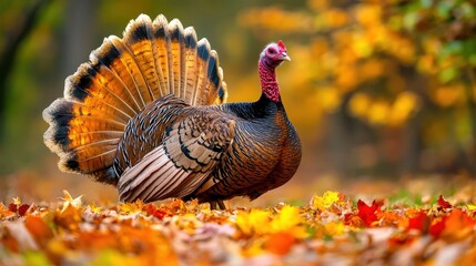 Fototapeta premium Close-up of a turkey in an autumnal setting, reflecting the challenges of animal feed shortages